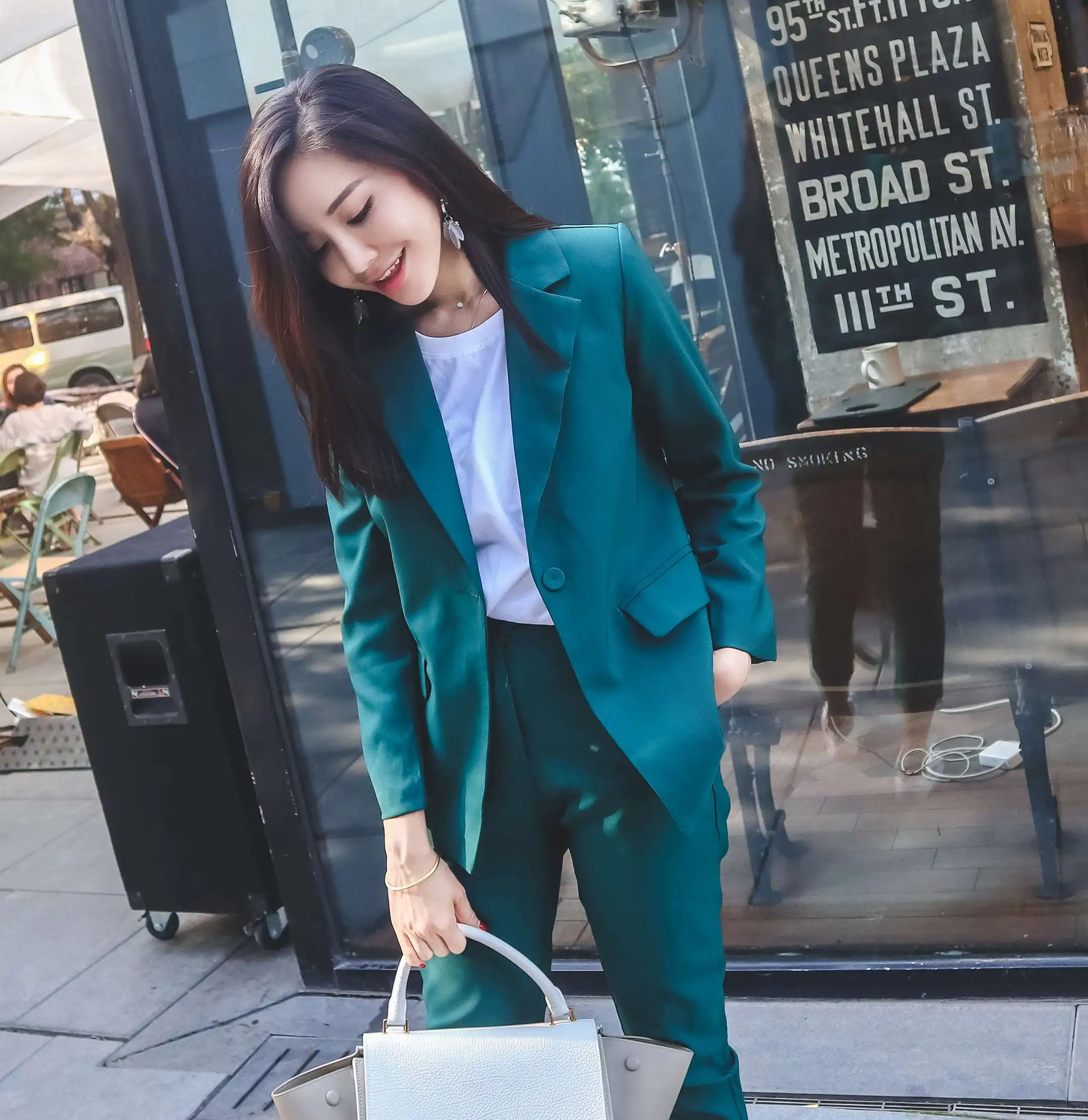 2018 Pure Color Simple Boyfriend Jacket Small Cuff Pants Dark Green Office Lady Karxige Official Store Seven Length Pant Suit