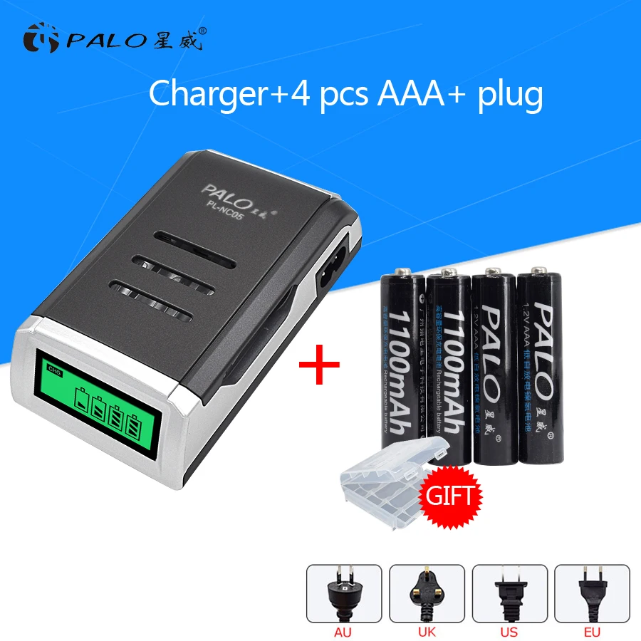 

PALO Universal LCD Display Intelligent Battery Charger 4 Slots For Rechargeable AA AAA NiCd NiMh Charger Set+ 4pcs AAA Batteries