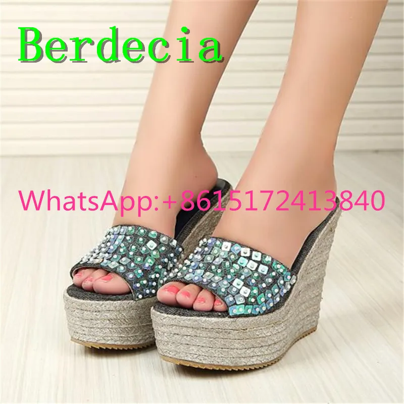 Berdecia Denim Super High Heels Outside Platform Wedge Flip Flops Bling Sponge Cake With Polka Dot Casual Fashion Women Shoes