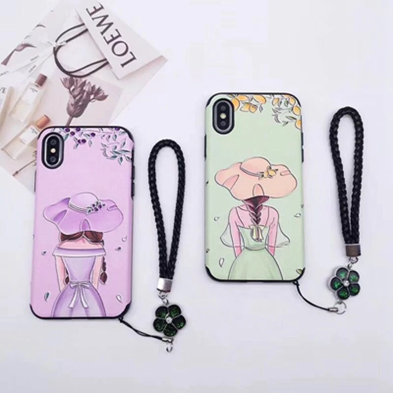 Green Cartoon Back Girl + Lanyard Phone Case for 6 6s 7 8 Plus Pink All inclusive Soft Cover XS Max XR X | Мобильные телефоны и