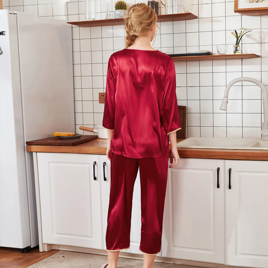 Женские весенне-летние шелковые брюки с рукавами с семиточечным узором, комплект домашней одежды, кружевной лоскутный атласный комплект, 40