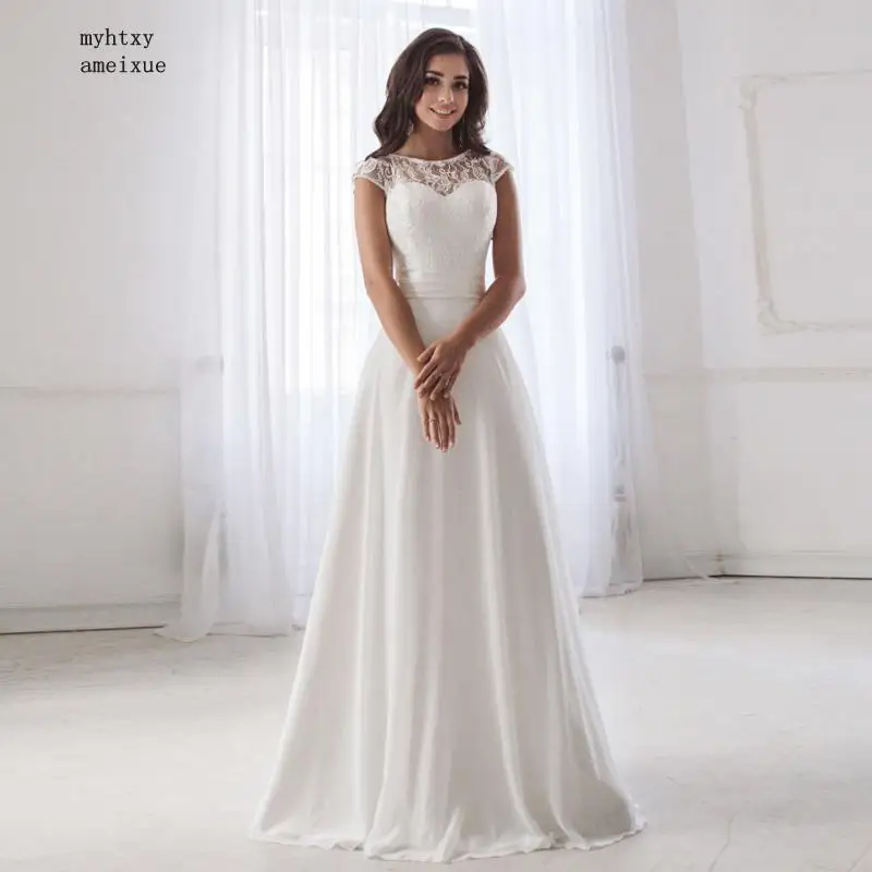 

Cheap Scoop Neck Lace Wedding Dress 2019 Sleeveless Pleats Belt Chiffon Beach Wedding Dresses Robe De Soiree Open Back Casamento