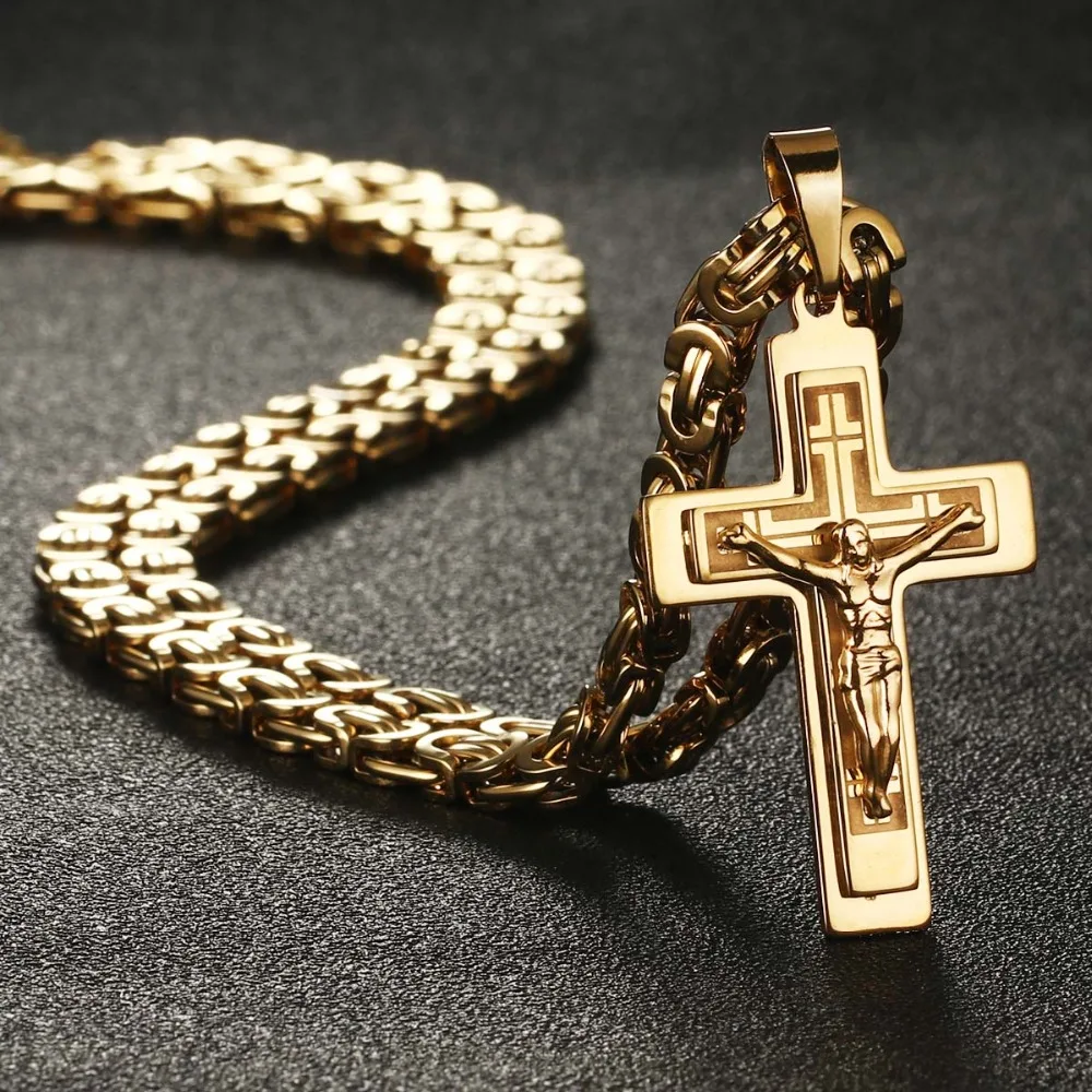 Men's Stainless Steel Jesus Christ Holy Crucifix Cross Pendants Necklaces Catholic Long Chain Necklaces Boys Gifts Jewelry NC011