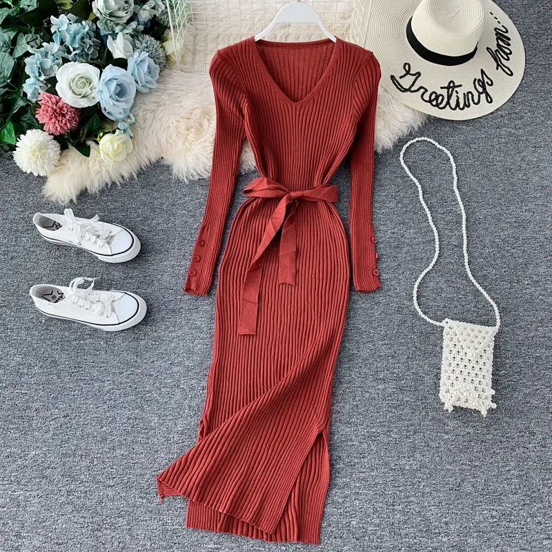 

LUOSHA Women 2019 Autumn Winter New V Neck Long Sleeved Split Knitted Dress Female Casual Bottom Vestidos With Sashes Party Dres