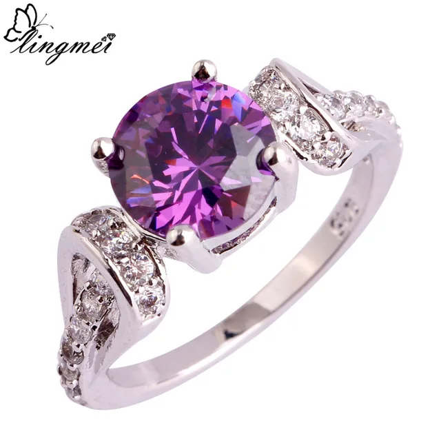 Lingmei All'ingrosso Taglio Rotondo Viola Bianco CZ di Colore Argento Ring Size Lingmei All'ingrosso Taglio Rotondo Viola Bianco CZ di Colore Argento Ring Size