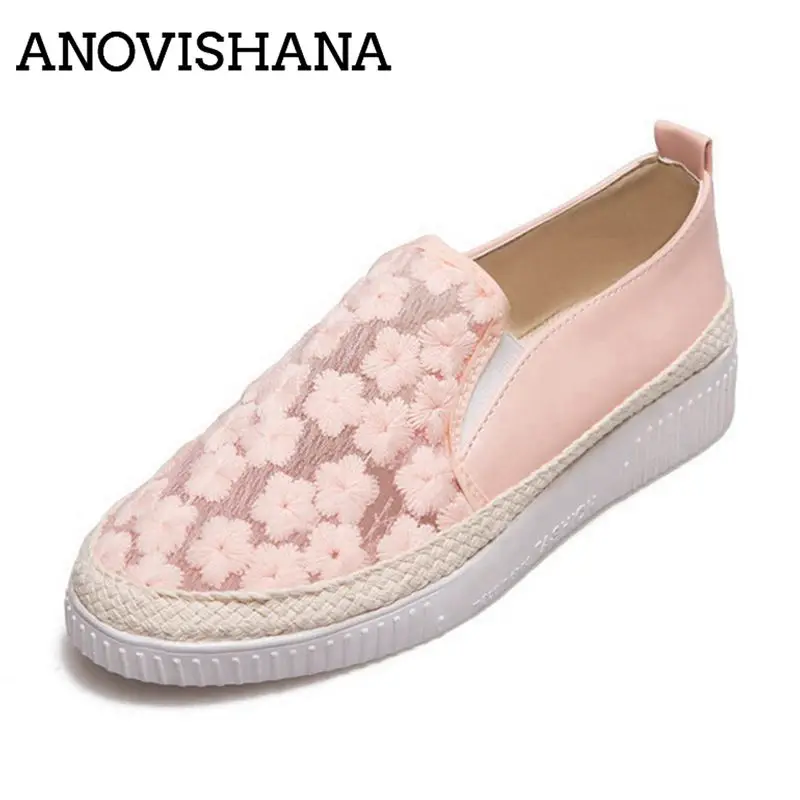 

ANOVISHANA Spring autumn Lace Flower loafers shoes woman platform shoes big size 43 Lazy Shoes comfortable Flats sapatos F151