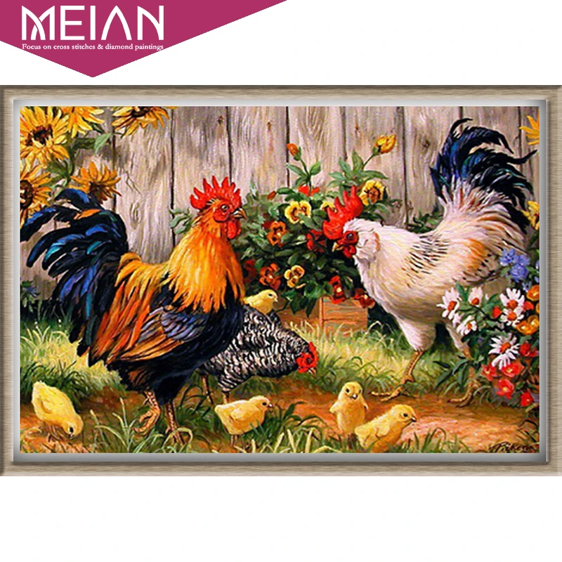 

Meian 5D Diy Diamond Painting Cross Stitch Diy Diamond Embroidery Chickens in Garden Round Drill Diamond Mosaic Pasted Home