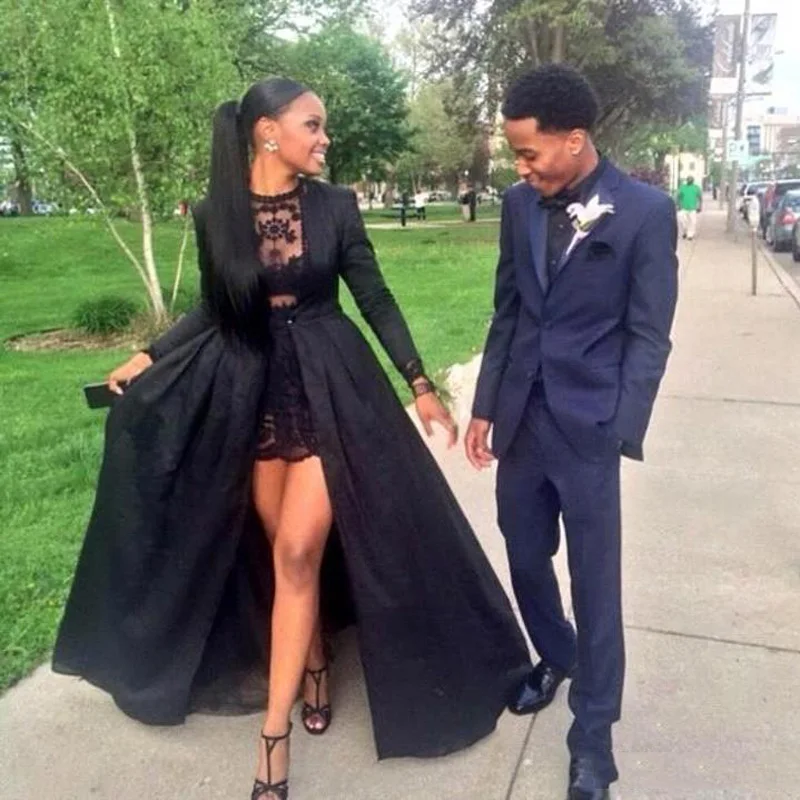 Sexy Two Piece See Through Black Lace Short Prom Dresses Long Sleeve Detachable Coat Floor 