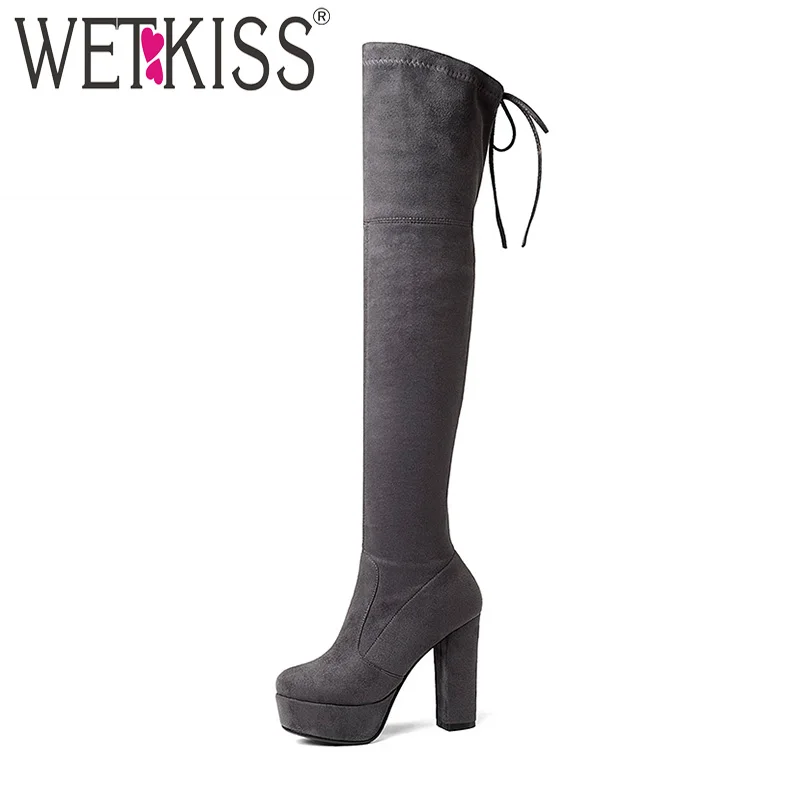 

WETKISS Big Size 34-43 Women Over Knee Boot Flock Sexy Stretch Thigh High Boot Thick High Heels Winter Platform Shoes Lady