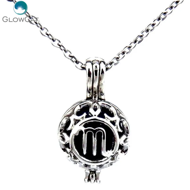 

K438 Copper Horoscope Pearl Beads Cage Necklace -- Scorpio Symbol Aroma Essential Oil Diffuser Locket