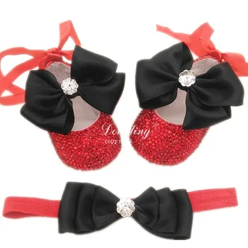 

Red and black soft sole 100 days birthday gift flower baby girl crib shoes bling custom handmade first walkers fashion babyshoes