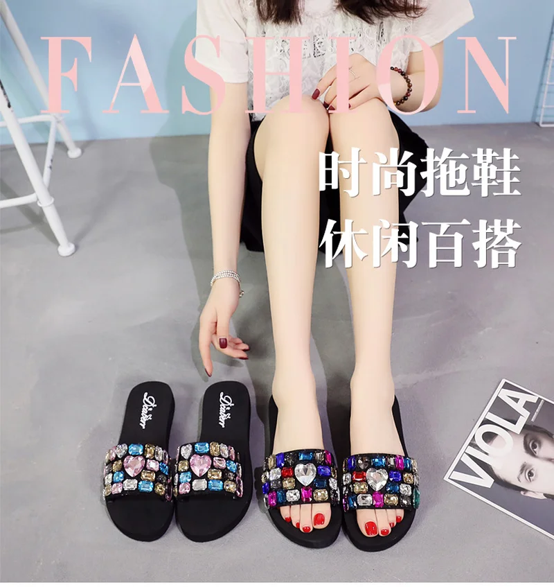 

One word drag thick bottom home female slippers 2019 summer new glass diamond fashion holiday beach shoes slip ladies sandals