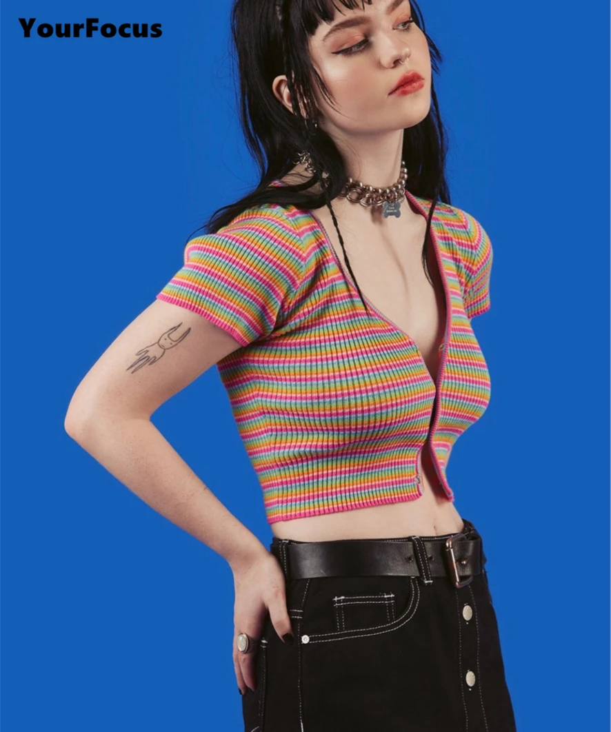 

Punk Vintage Summer multicolored stripes cropped knitted single-breasted tshirt short tight T-shirt Harajuku sexy Crop Top women