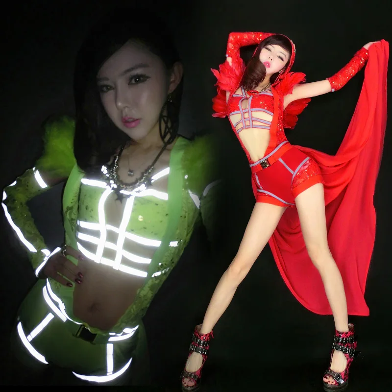 Fantasy Luminous Queen Fluorescent Colors Sexy Hollow Feather Shoulder Jumpsuits Party Girl Dancer DS Nightclub Costumes Stage