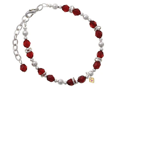 Goldtone Mini October - Hot Pink Crystal Heart Maroon Beaded Bracelet