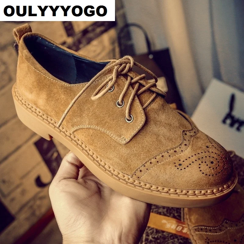 

Spring & Autumn Casual Women's Shoes Retro British Female Brogue Shoes Pig Suede Derby Shoes Lace-Up 34~~42 Vintage Oxfords
