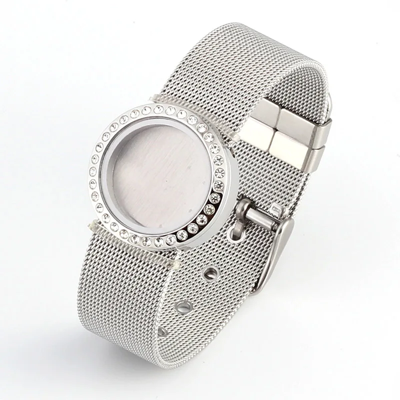 316L Stainless Steel Waterproof 25mm/30mm Screw Top Silver Floating Locket Bracelet with Mesh Watchband