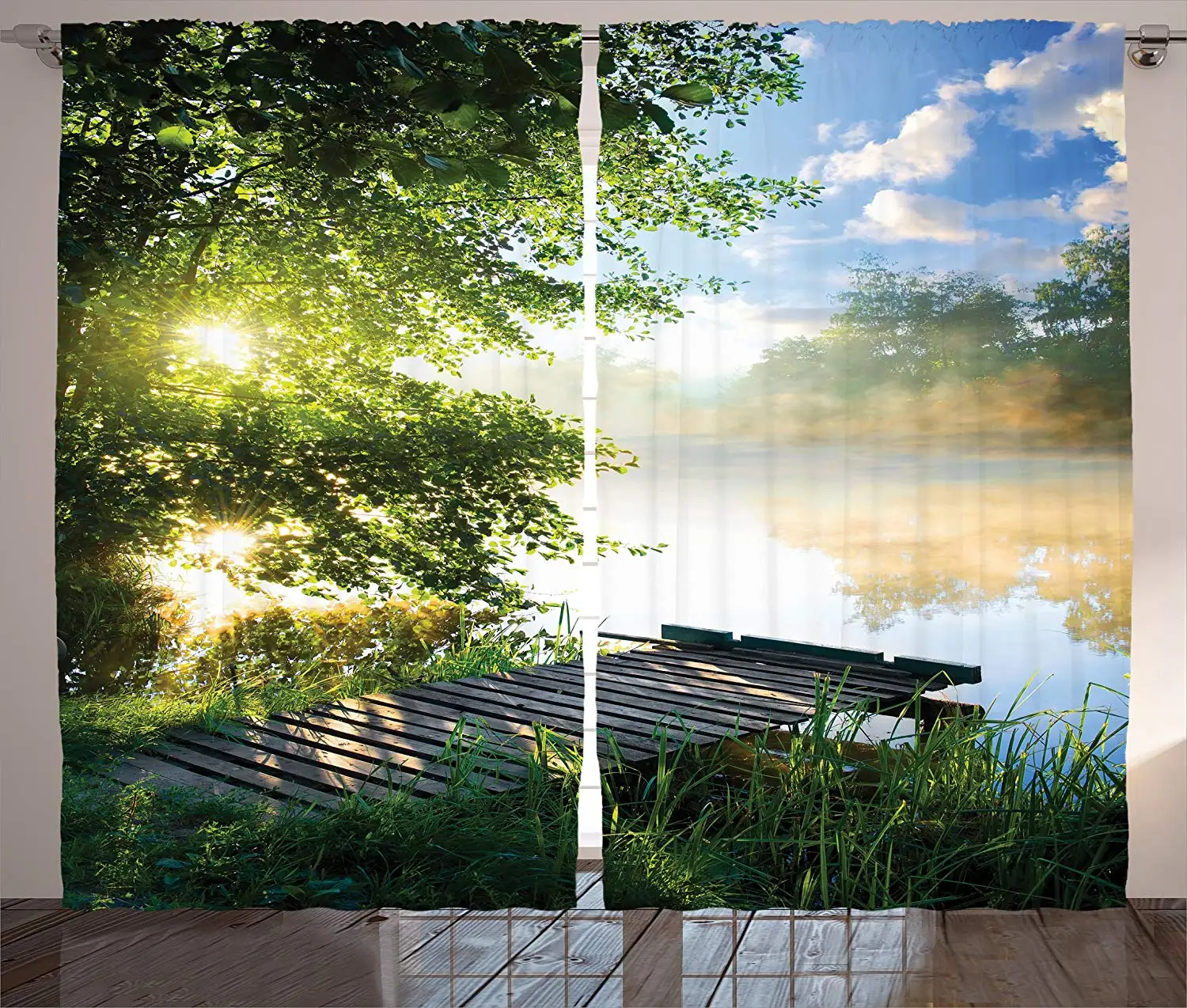 

House Curtains Fishing Pier by River in the Morning Light with Clouds and Trees Nature Window Drapes for Living Room Bedroom