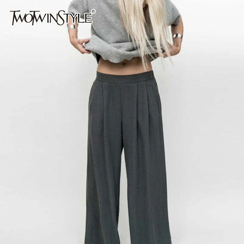 

TWOTWINSTYLE OL Wide Leg Pants Female Elastic High Waist Ruched Pocket Long Trousers For Women 2019 Spring Summer Fashion New