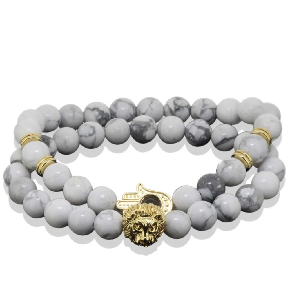 Nuovo Arrivo In Pietra Naturale Beads Buddha Yoga Del Cranio Dei Braccialetti Per Le Donne Degli Uomini Dei Monili 24 K Oro Testa Di Leone Braccialett