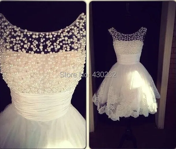 Encanto Nuevo Una Línea Joya Collar Mangas Blanco Apliques de Perlas Vestido de Partido Del Regreso