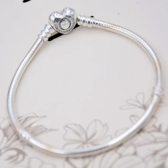 

100% 925 Sterling Silver Moments Pave Heart Clasp Crystal Pandora Bracelet Bangle Fit Women Bead Charm DIY Jewelry