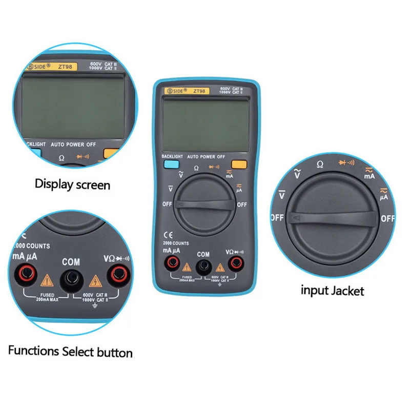 Urijk AC/DC Digital Multimeter Tester Volt Meter Handheld Ammeter Voltmeter ZT98 LCD Backlight Multimeter