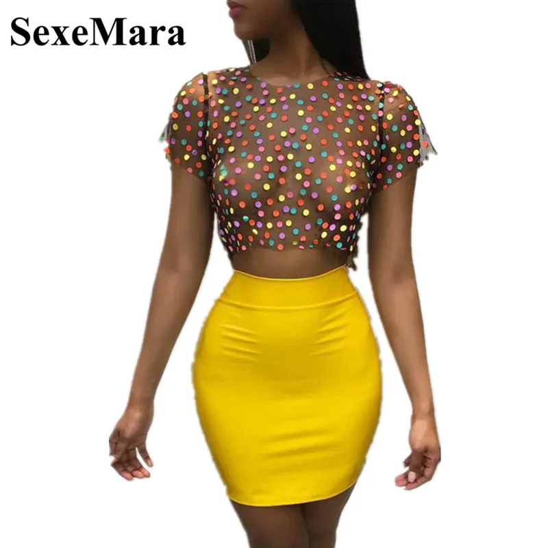 

Women Sexy 2 Piece Set Polka Dot Mesh Tshirt Crop Top and Skirt Short Sets Two Piece Club Outfits Bodycon Dress D34-I76