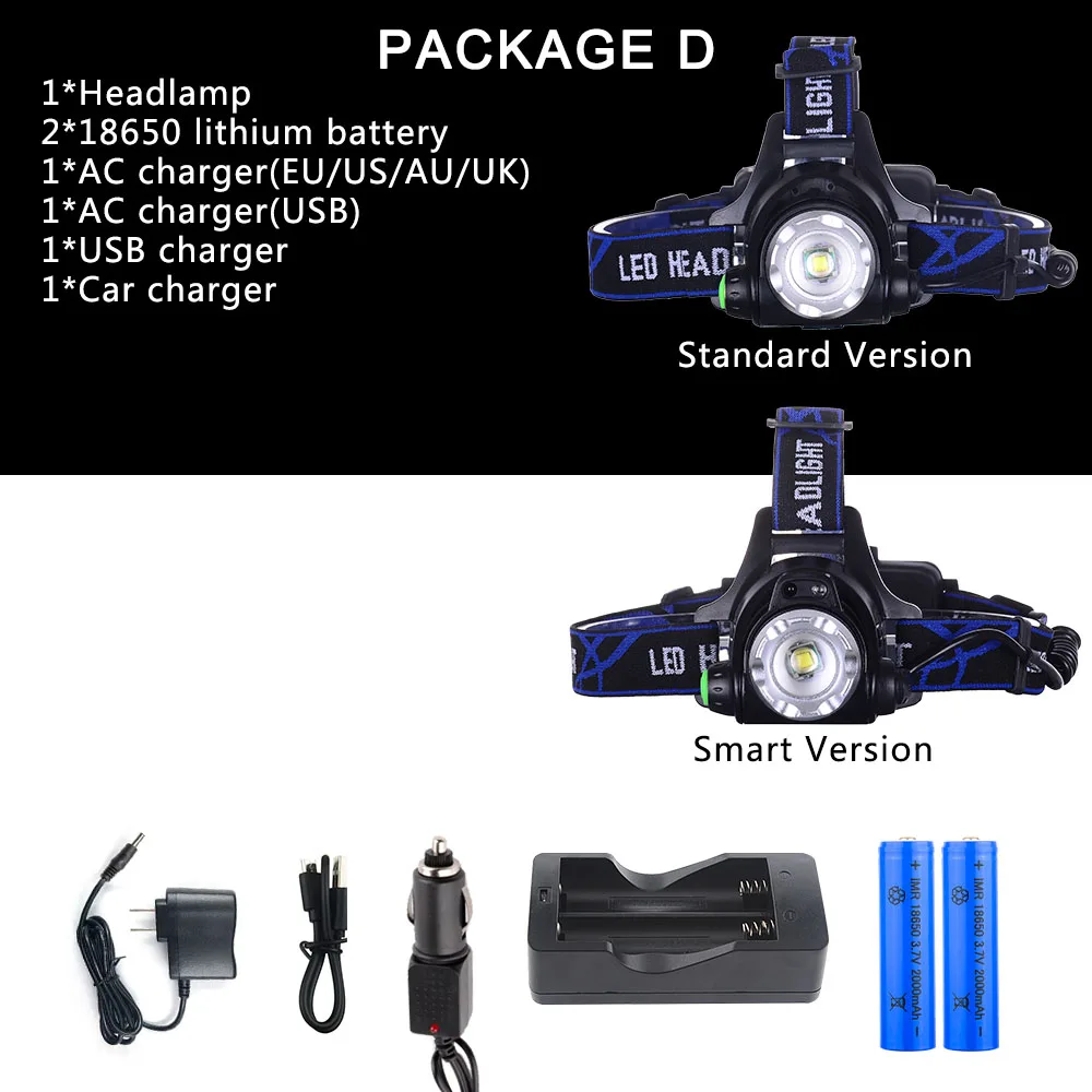 Умный ir sense светодиодный налобный фонарь T6 Zoom перезаряжаемый налобный фонарь для рыбалки на открытом воздухе водонепроницаемый налобный фонарь с 18650 батареей - Испускаемый цвет: Package D