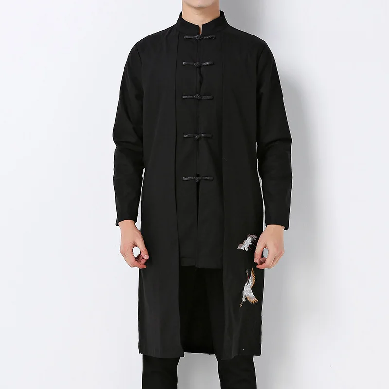 Мужской Традиционный китайский длинный Тренч, осенняя хлопковая льняная длинная куртка, костюм кунг-фу Тай Чи, мужское китайское пальто, CN-105 - Цвет: Черный