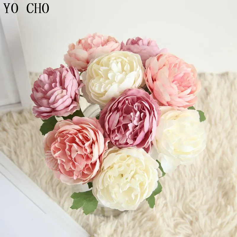 YO CHO 4pcs Artificial Flowers High Quality Tea Rose Silk Flowers Bouquet For Wedding Home Office Decor Fake Flowers Xxmas Decor