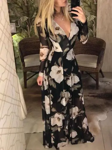 

2019 Sexy V-Neck Women Floral Chiffon Long Sleeve Floral Flower Black Holiday Printed Casual Party Boho Maxi Beach Dress