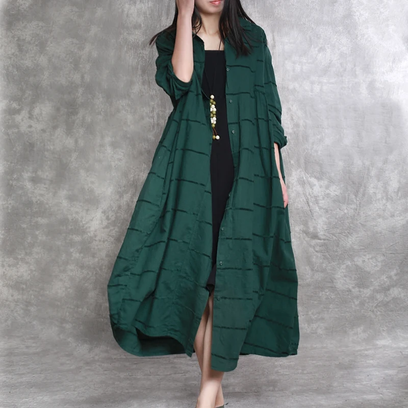 

2019 Spring New Windbreaker Cotton Linen Art Temperament Long Cardigan Flocking Long Sleeve Big Swing Flax Loose Dress N100