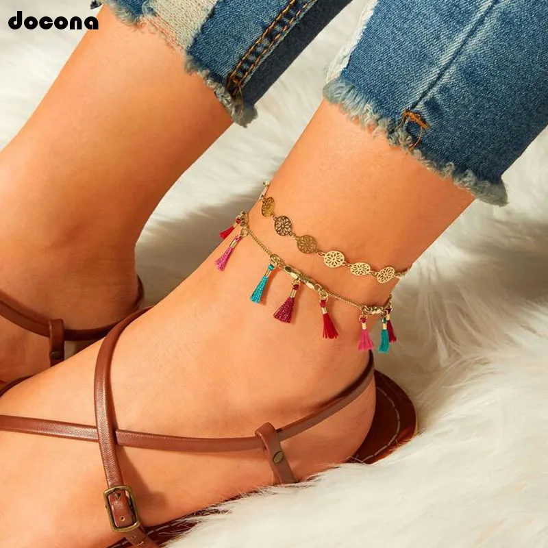 

Docona Beach Boho Colorful Tassel Flower Gold Chain Multilayer Anklets For Women Hollow Adjustable Bracelet Foot Jewelry 3941