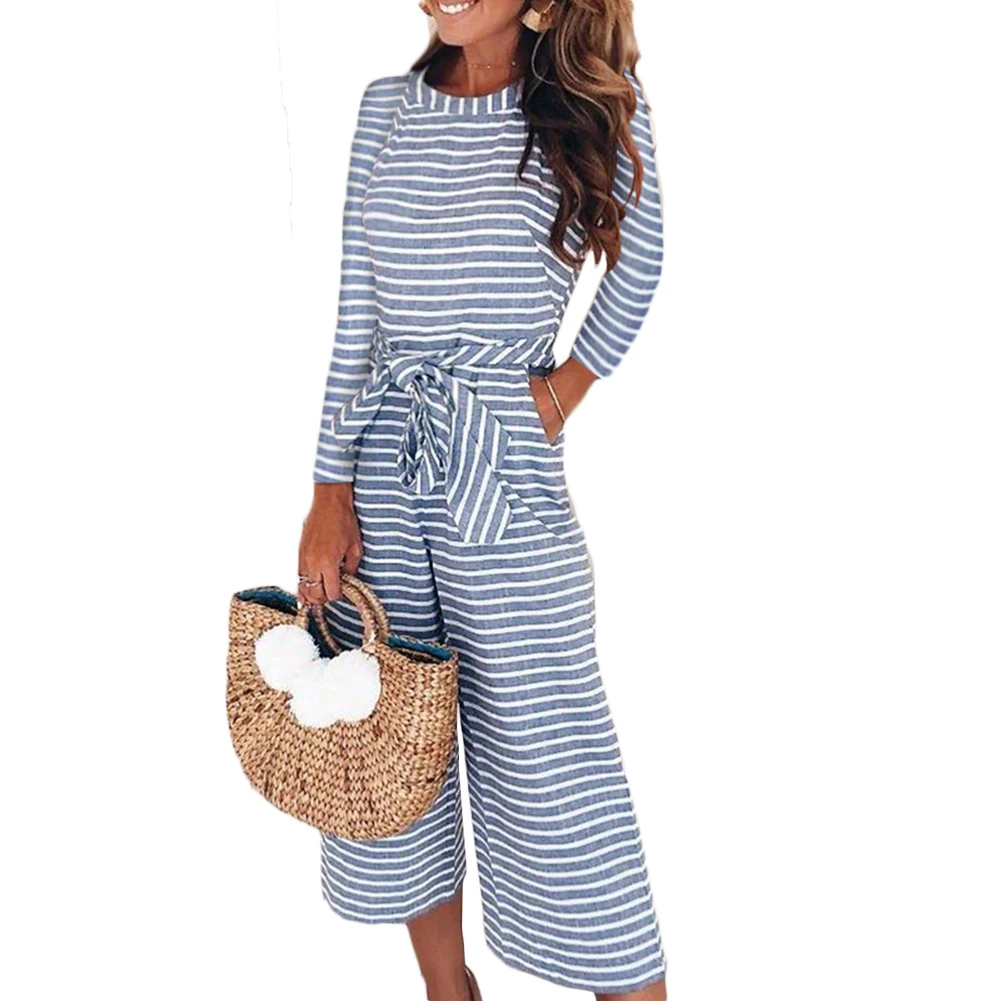 Jumpsuits Fashion Size Plus Womens Long Sleeve Striped Jumpsuits Casual ...