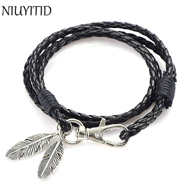 Niuyitid Black Pu Leather Men Bracelet Silver Feather Accessories Niuyitid Black Pu Leather Men Bracelet Silver Feather Accessories Fashion Jewelry Man For Wristband Male