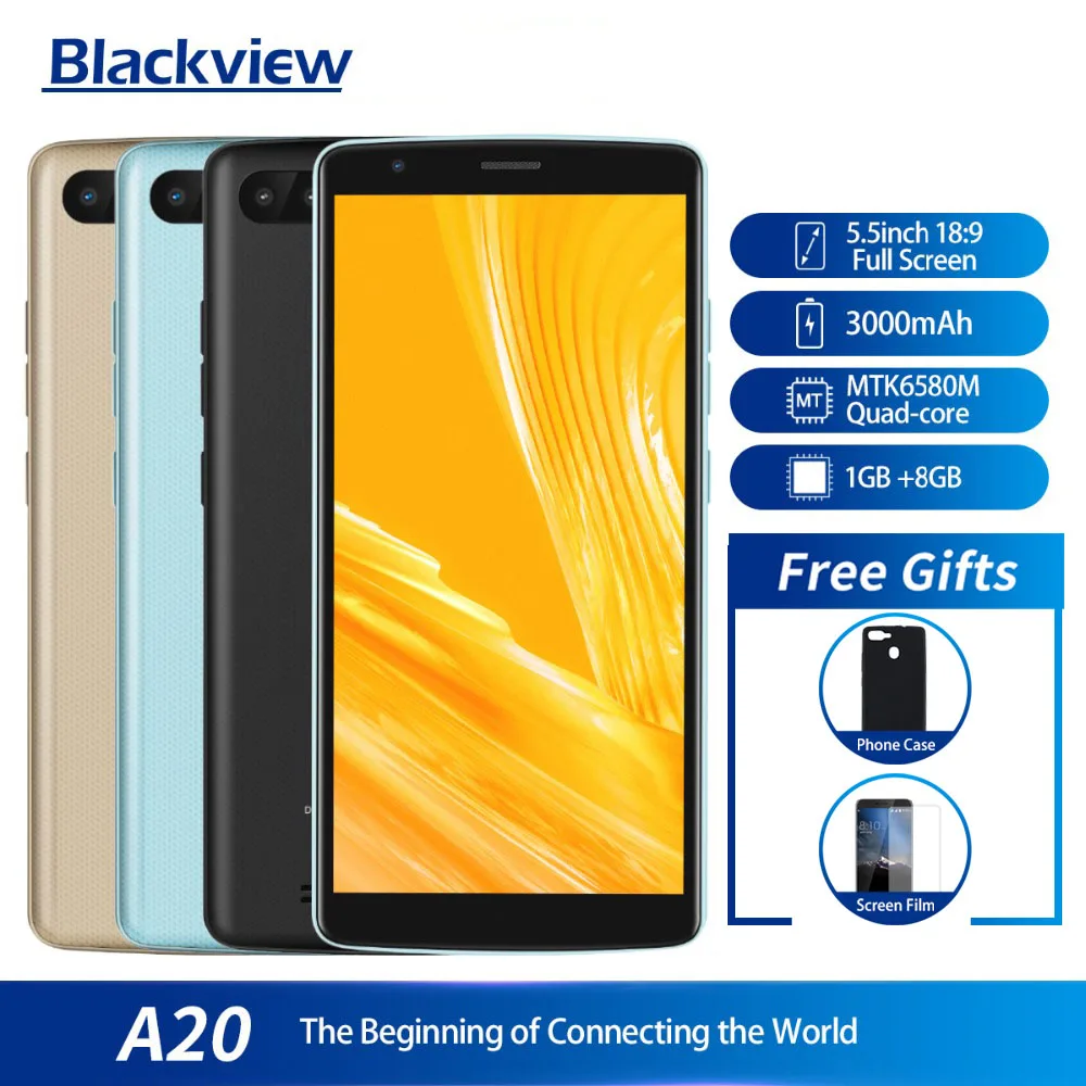 Blackview A20 смартфон 1 Гб Оперативная память 8 ГБ Встроенная память MTK6580M 4 ядра Android GO 5,5 дюймов 18:9 Экран 3g двойной Камера мобильного телефона