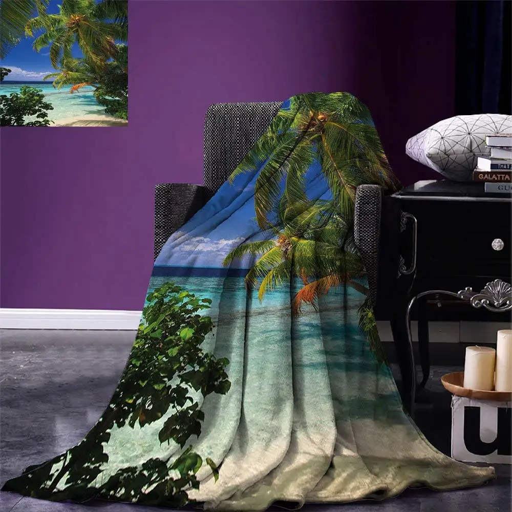 

Plant Throw Blanket Tropical Paradise at Maldives with Palms Blue Sky Beautiful Beaches Tranquility Warm Microfiber