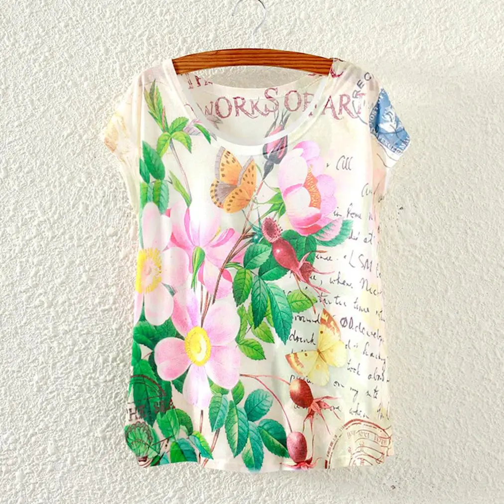 16 Colors 2016 Cotton T Shirt Women Floral Flowers Print T Shirts Women Tops Emoji Funny butterfly T-Shirt Femme Clothes