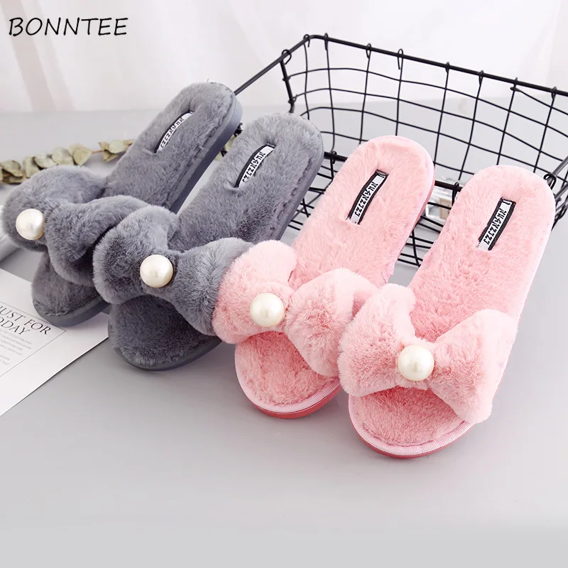 

Winter Slippers Women Soft Flat Fur Butterfly-knot Home Slipper Trendy Lovely Warm Womens Floor Mute Shoes Ladies Candy Colors