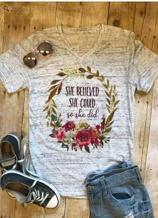

Valentine's day Fashion T-Shirt Women Short Sleeve Casual Spring Light Gary Basic Tops She Believed She Could So She Did Tees