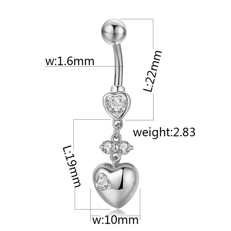 Hot Statement Hollow Double Heart Gold Surgical Steel Piercing Body Jewelry Sexy Crystal Zircon Pendant Belly Button Rings