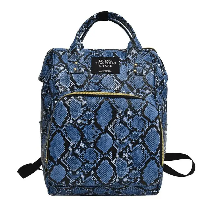 Snake Print Mommy Travel Backpacks Large Capacity PU Leather Maternity Nappy Travel Shoulder School Bags Daily Book Bags Student - Цвет: A-blue