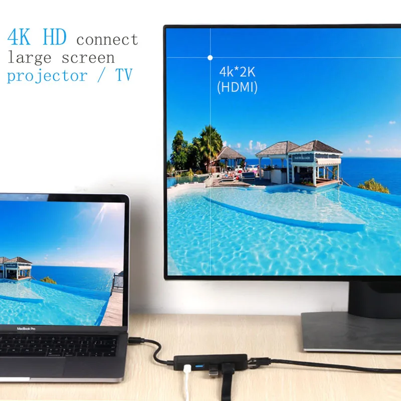 Док-станция Fealushon type C-HDMI USB3.0 RJ45 Gigabit PD Hub для ноутбука Macbook Pro hp DELL Surface lenovo samsung Dock