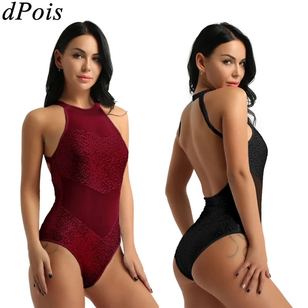 

DPOIS Women Girls Ballet Leotards Woman Gymnastics Leotard Halter Neck Sleeveless Sequin Mesh Bodysuit Adult Sexy Dance Costume