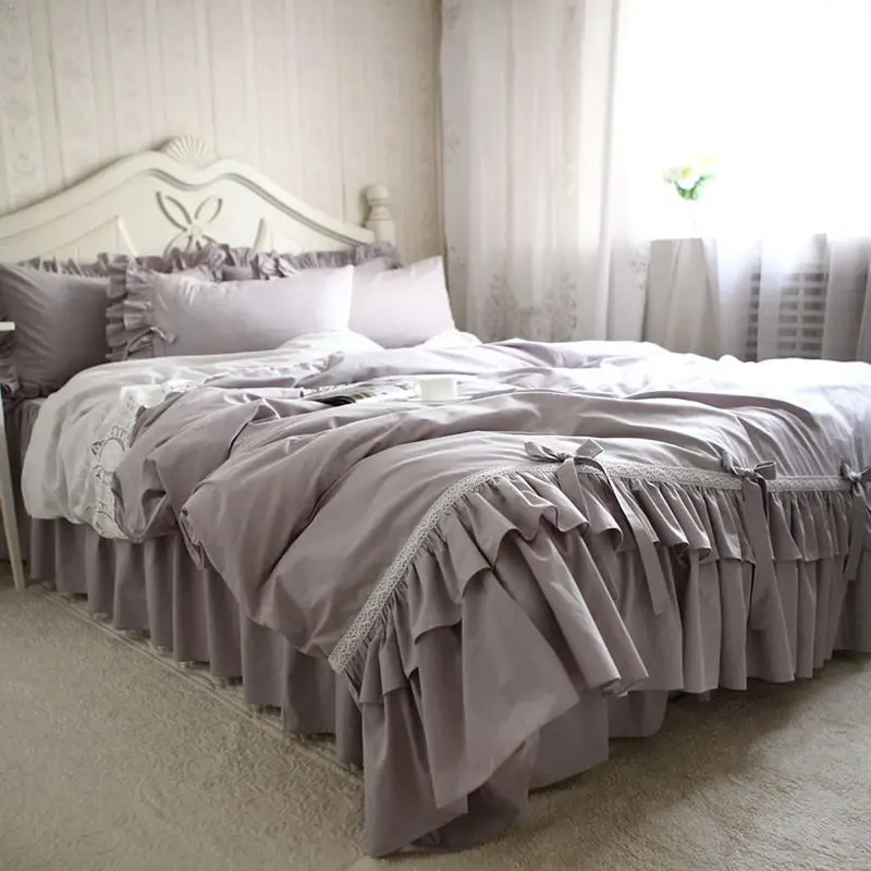 Top European embroidery ruffle lace bedding set princess bedding satin