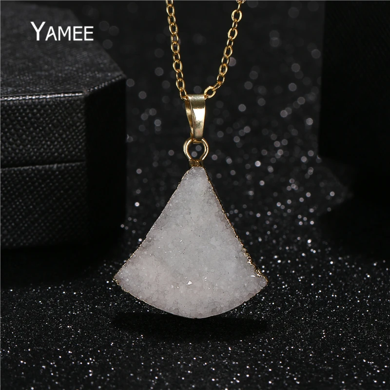Natural White Fan Druzy Pendant Necklace Drop Quartz Crystal Stone