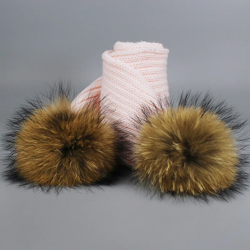 Scarf Pink Г. Шапка с помпоном для девочек, теплые вязаные с помпоном из меха, шапка с помпоном и шарф, комплект, детская зимняя шапка с помпоном из натурального меха енота, Skullies - Цвет: Scarf Pink