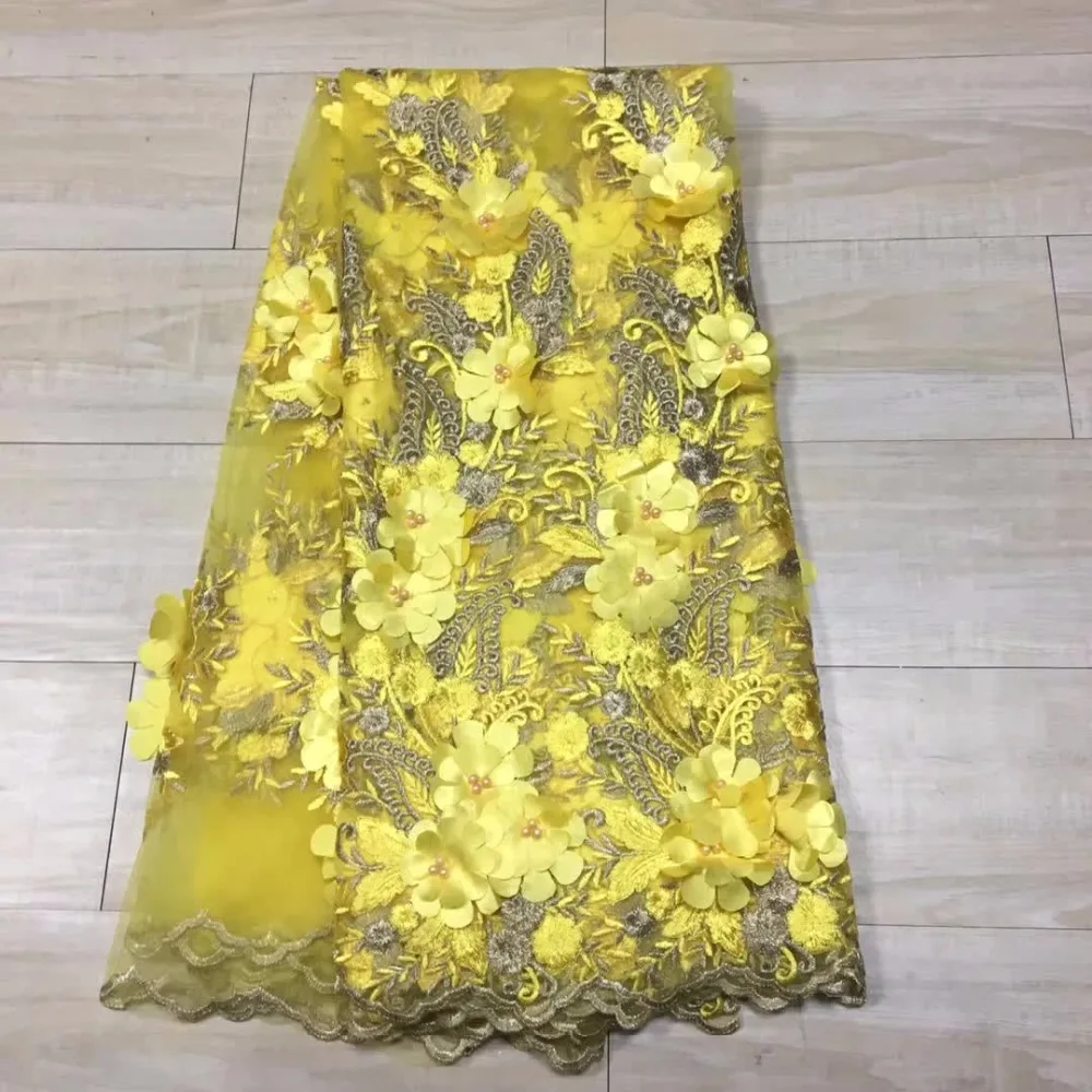 

High Quality 2017 Pearls Tulle African Lace Fabric Guipure Applique Beaded French Nigerian Lace Fabrics for party dress yellow