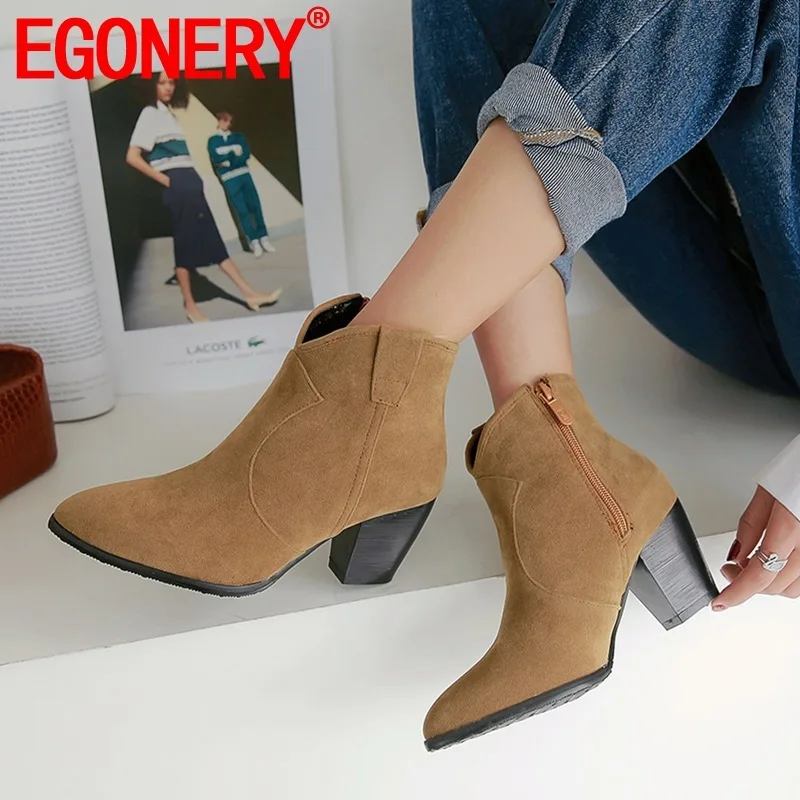 

EGONERY women shoes 2019 winter new fashion sexy pointed toe flock ankle boots outside high heels zipper plus size office shoes